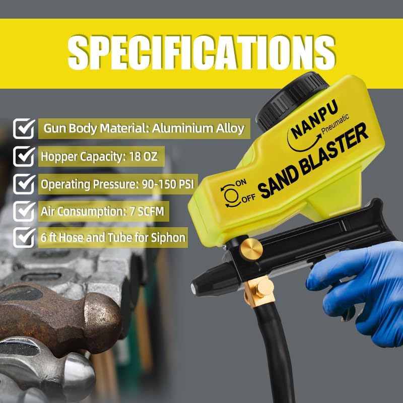 NANPU Light-Duty Air Sandblaster Gun Kit with Siphon & Gravity Feed, Ceramic Nozzle, Metal Body, for Small Project Surface Prep, Paint & Rust Removal, Metal/Wood/Glass Etching, Requires Air Compressor - Image 3